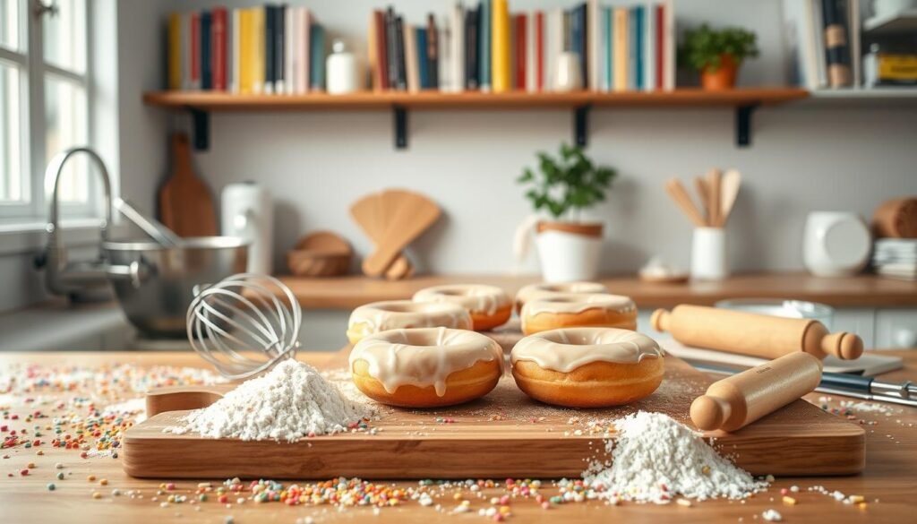 A bright, inviting kitchen scene filled with ingredients and tools for preparing donuts, highlighting a countertop adorned with flour, sugar, and colorful sprinkles. In the foreground, a wooden cutting board displays a well-arranged assortment of donut-making essentials, such as a mixing bowl, whisk, and a rolling pin. In the middle, a warm, golden tray of freshly baked donuts sits, glistening with glaze under soft, diffused lighting, evoking a sense of warmth and comfort. In the background, shelves filled with cookbooks and a potted herb plant add a homely touch. The atmosphere feels cheerful and motivational, perfect for inspiring home cooks to gather their ingredients and get creative in the kitchen. The perspective should be slightly elevated, capturing the organized chaos of a lively kitchen.