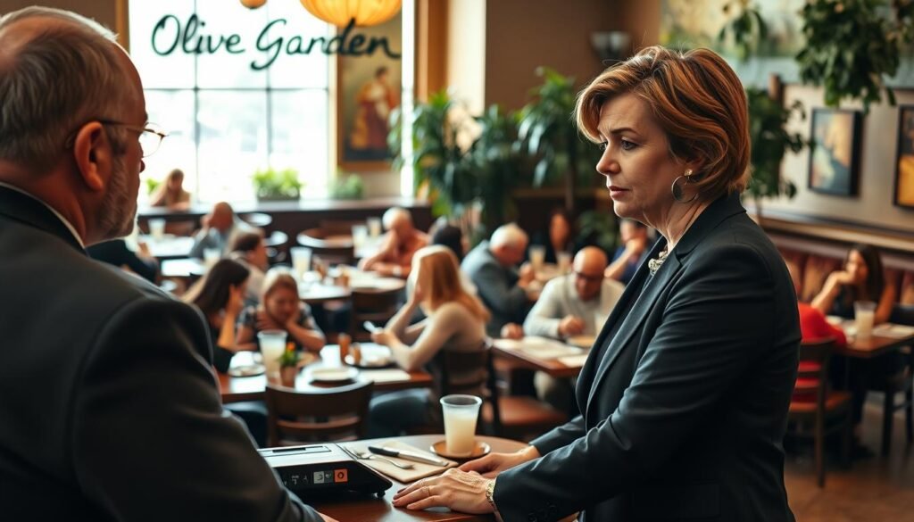 A bustling Olive Garden restaurant scene featuring a professional manager in business attire calmly handling a difficult customer interaction at the front counter. The foreground showcases the manager, a middle-aged woman with an empathetic expression, actively listening to the visibly frustrated customer. In the middle ground, tables filled with diners enjoying their meals create a lively atmosphere, with a hint of their conversations in soft focus. The background displays the restaurant's warm decor, including Italian-themed art and lush greenery. Natural lighting streaming through large windows creates an inviting ambiance, capturing the essence of a service-oriented environment. The overall mood is one of professionalism and conflict resolution, emphasizing effective communication in customer service.