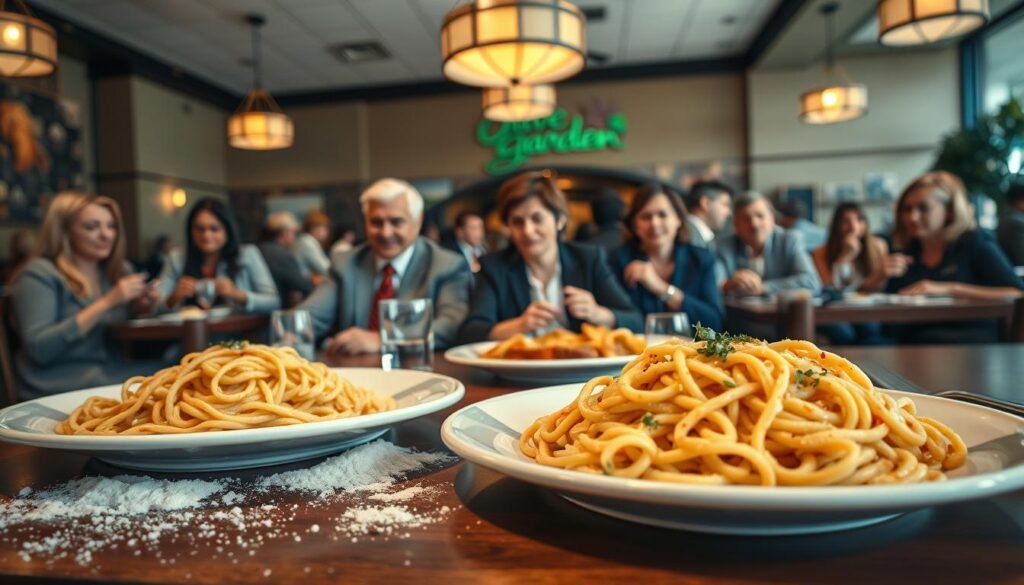 A bustling Olive Garden restaurant setting, focusing on a table with two plates of pasta: one gluten-free and the other traditional. In the foreground, a close-up of the traditional pasta shows a sprinkle of flour nearby, representing potential cross-contamination. The middle ground features a diverse group of diners, dressed in professional business attire, enjoying their meals, while some look concerned, glancing at the gluten-free pasta. The background shows the restaurant’s cozy interior, with warm lighting from hanging pendant lamps and soft, inviting colors, creating an atmosphere of both comfort and unease. Capture the contrast between the delicious dishes and the subtle tension of contamination risks, with the image shot from a slightly elevated angle to encompass the entire scene.