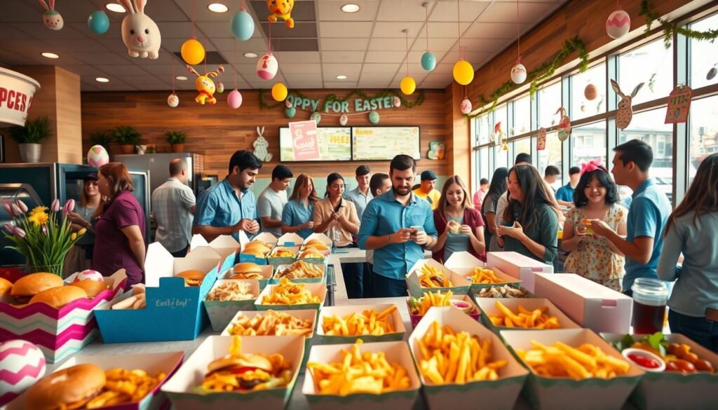 A bustling fast food restaurant scene on Easter Sunday, featuring an array of colorful, festive decorations with eggs, bunnies, and spring flowers. In the foreground, a clean countertop displays a variety of quick bites, such as burgers, fries, and salads, presented in vibrant, take-out packaging. In the middle ground, diverse groups of people in casual yet tidy clothing, including families and friends, enjoy their meals, radiating happiness and togetherness. The atmosphere is lively and inviting, enhanced by warm, natural lighting streaming through large windows. In the background, the restaurant’s sign prominently displays "Open for Easter," complemented by cheerful Easter-themed banners. The camera angle captures the warmth and excitement of a community enjoying Easter at the restaurant, creating a relatable and engaging visual for readers.