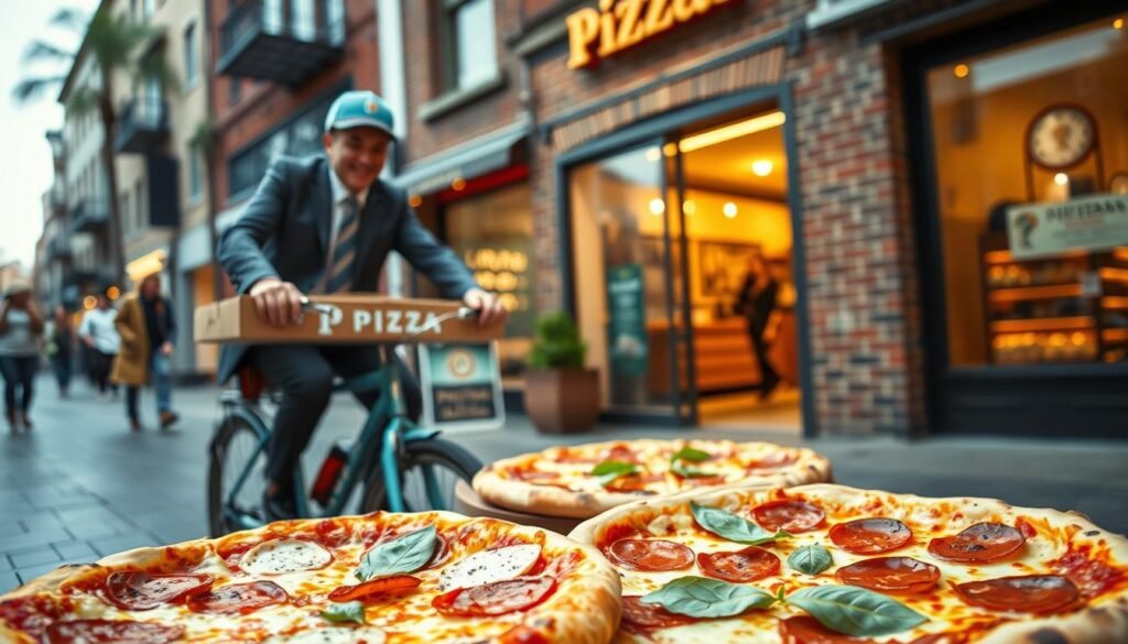 A bustling urban street scene featuring a bicycle pizza delivery person dressed in a smart, casual uniform, holding a steaming pizza box. In the foreground, vibrant pizzas are artistically displayed, capturing the mouth-watering toppings like melted cheese, pepperoni, and fresh basil. In the middle ground, a brick-wall pizzeria with an inviting open door and warm lighting, suggesting a cozy atmosphere. The background showcases a lively street with pedestrians and storefronts, enhancing the urban ambiance. The lighting is soft and natural, as it's late afternoon, creating a friendly and welcoming mood. The angle is slightly low to emphasize the delivery person, making the scene feel dynamic and engaging. No text or branding elements are included in the image.