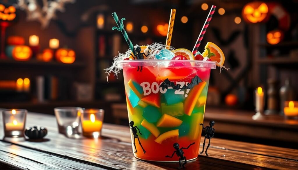 A captivating image of a "Boo-zy Bucket" cocktail, featuring a large, colorful plastic bucket filled with a vibrant mix of fruity tropical drinks like blue raspberry and peach, garnished with slices of fresh fruit and a playful Halloween-themed straw. In the foreground, the bucket is adorned with spooky decorations, like miniature plastic skeletons and cobwebs, hinting at a festive Halloween atmosphere. The middle ground showcases a rustic wooden bar setting with faintly blurred cocktail glasses and flickering candles, enhancing the cozy and lively ambiance. In the background, soft, atmospheric lighting highlights a darkened space decorated with Halloween motifs such as jack-o'-lanterns and bats, casting a warm, inviting glow. The overall mood is festive and spooky, perfect for an autumn celebration. A captivating image of a "Boo-zy Bucket" cocktail, featuring a large, colorful plastic bucket filled with a vibrant mix of fruity tropical drinks like blue raspberry and peach, garnished with slices of fresh fruit and a playful Halloween-themed straw. In the foreground, the bucket is adorned with spooky decorations, like miniature plastic skeletons and cobwebs, hinting at a festive Halloween atmosphere. The middle ground showcases a rustic wooden bar setting with faintly blurred cocktail glasses and flickering candles, enhancing the cozy and lively ambiance. In the background, soft, atmospheric lighting highlights a darkened space decorated with Halloween motifs such as jack-o'-lanterns and bats, casting a warm, inviting glow. The overall mood is festive and spooky, perfect for an autumn celebration.