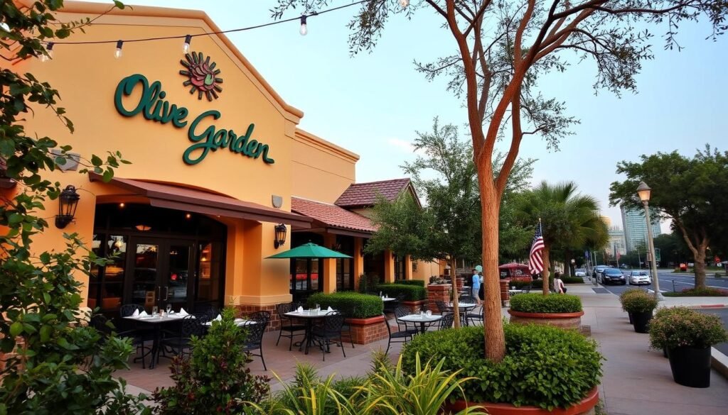 A charming outdoor view of the Olive Garden in Gainesville, Florida. In the foreground, a beautifully landscaped patio welcomes guests, featuring lush greenery and tables set for dining under string lights. The middle ground showcases the restaurant's inviting facade, with warm beige stucco walls, arched windows, and classic Italian architecture. In the background, the Gainesville skyline subtly peeks through the trees, hinting at the vibrant city life nearby. The scene is bathed in soft, golden hour lighting, creating a warm and inviting atmosphere. The perspective is slightly elevated, capturing the inviting ambiance and highlighting the restaurant's location within a bustling neighborhood. The mood reflects a combination of relaxation and culinary anticipation, perfect for an authentic Italian dining experience.
