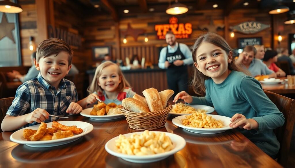 A cheerful family dining at a Texas Roadhouse restaurant, with two kids happily enjoying their meals. In the foreground, a young boy and girl are sitting at a rustic wooden table, their plates filled with kid-friendly dishes like chicken tenders and macaroni. The kids are dressed in casual clothes, smiling with excitement as they share a basket of fresh bread. In the middle background, friendly waitstaff in Texas Roadhouse uniforms are serving other families. The warm, inviting atmosphere includes wooden décor, cowboy-themed elements, and soft, ambient lighting that enhances the family-friendly vibe. The angle captures the lively interaction among families, evoking joy and togetherness in a vibrant restaurant setting.