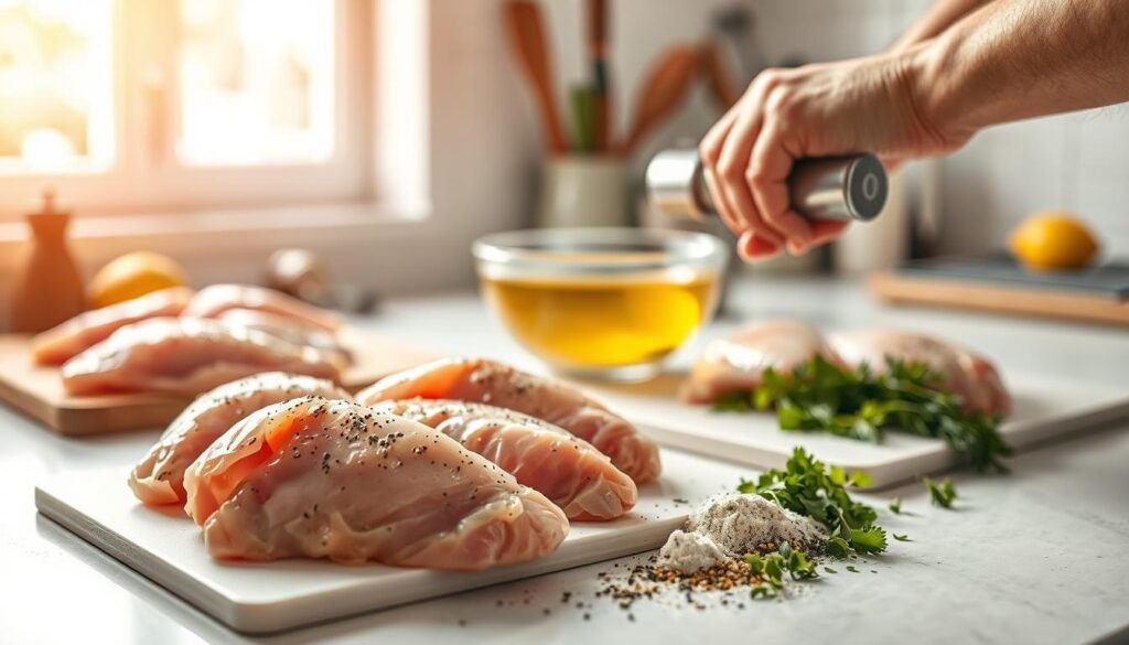 A clean, well-lit kitchen countertop scene focusing on the preparation of chicken breasts. In the foreground, a chef's hands skillfully tenderizing chicken breasts using a meat mallet, with a cutting board below. Juicy, raw chicken breasts lie next to various seasonings like salt, pepper, garlic powder, and fresh herbs, ready for marinating. In the middle, a bowl filled with a vibrant marinade of olive oil, lemon juice, and minced garlic sits invitingly. The background features softly blurred kitchen utensils and a window letting in warm, natural light that creates an inviting, homey atmosphere. The composition captures a sense of culinary warmth and focus, reflecting the care taken in preparing the chicken for delicious, maximum tenderness.