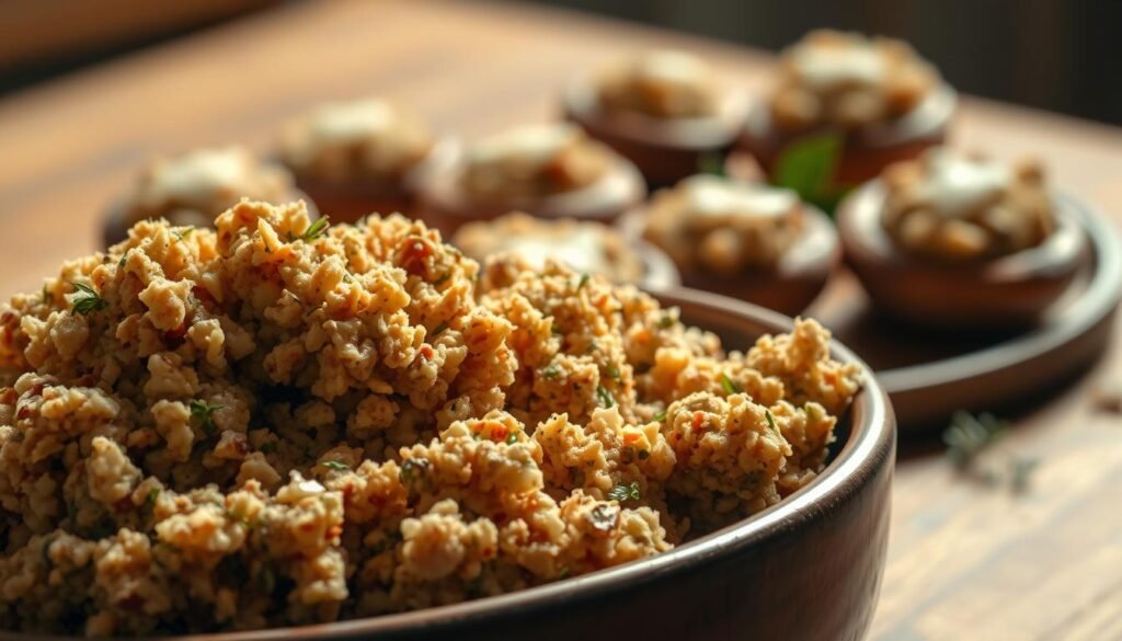 A close-up composition of a bowl filled with Olive Garden's savory stuffed mushroom filling, showcasing a rich blend of seasoned breadcrumbs, garlic, herbs, and creamy cheese. The foreground highlights the textured filling, glistening slightly to indicate freshness. In the middle ground, soft-focus mushrooms are arranged artistically, some whole and others halved, revealing the delectable stuffing inside. The background features a rustic wooden table setting, evoking a warm, inviting Italian kitchen atmosphere. Natural soft lighting bathes the scene, casting gentle shadows that enhance the details of the dish. The overall mood is cozy and indulgent, inviting viewers to savor the culinary delight of this classic appetizer.