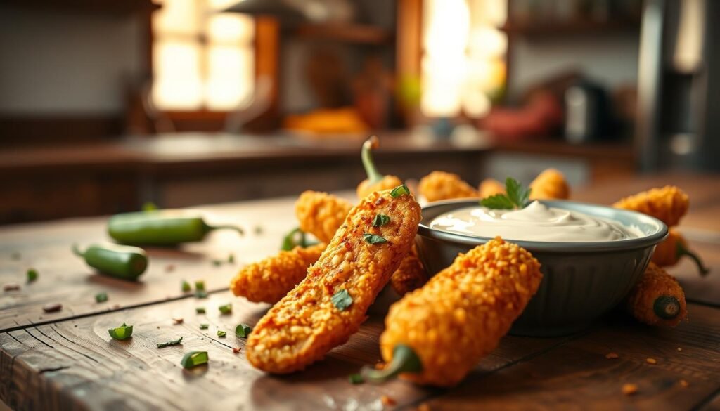 A close-up image of a Popeyes jalapeño dish, showcasing crispy, golden-brown fried jalapeños placed artfully on a rustic wooden table. In the foreground, the jalapeños are garnished with fresh herbs, glistening with a light coating of seasoning. The middle ground features a rich bowl of creamy dipping sauce with a hint of spice, with a few jalapeños scattered around. In the background, a blurred kitchen scene with soft focused light creates a warm, inviting atmosphere. The lighting is warm and natural, resembling late afternoon sunlight filtering through a window. The image conveys a mood of indulgence and excitement, emphasizing the spicy delight of Popeyes jalapeños.