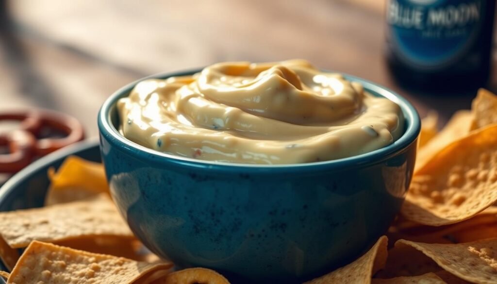 A close-up image of a bowl filled with creamy blue moon white cheddar beer cheese, glistening with a smooth, inviting texture. The cheese has a rich, golden hue with flecks of blue and white, accompanied by a selection of crispy, golden-brown dipping items like soft pretzels and tortilla chips arranged artfully around the bowl. The background features a warmly lit rustic wooden table, enhancing the cozy, inviting atmosphere. Soft, natural lighting casts gentle shadows, creating depth and highlighting the creamy consistency of the cheese. The scene conveys a delightful culinary experience, perfect for sharing with friends. Focus on capturing the textures and colors vividly, emphasizing the delicious appeal of the beer cheese and its pairing.
