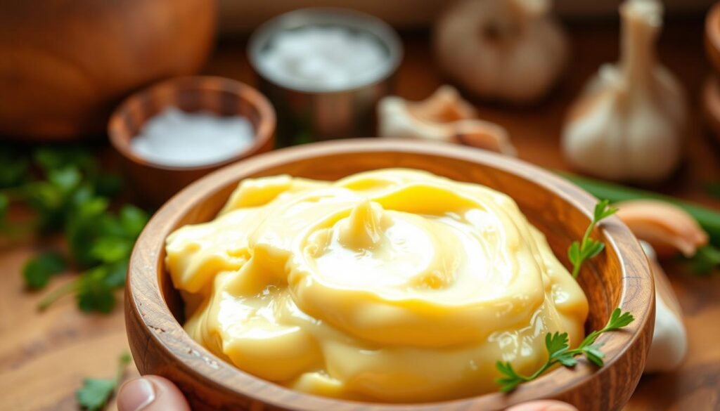 A close-up image of a creamy, rich buttery spread held in a rustic wooden bowl. The butter is a golden-yellow hue, with a glistening, smooth texture that hints at its velvety consistency. Surround the bowl with fresh herbs like parsley and chives for a pop of green. In the background, incorporate ingredients used in its making, such as a small dish of sea salt and a few whole garlic cloves, softly blurred to add depth. The lighting should be warm and inviting, simulating a cozy kitchen atmosphere, with natural light filtering in from a nearby window. Aim for a shallow depth of field to emphasize the buttery spread in the foreground, evoking a sense of indulgence and comfort.