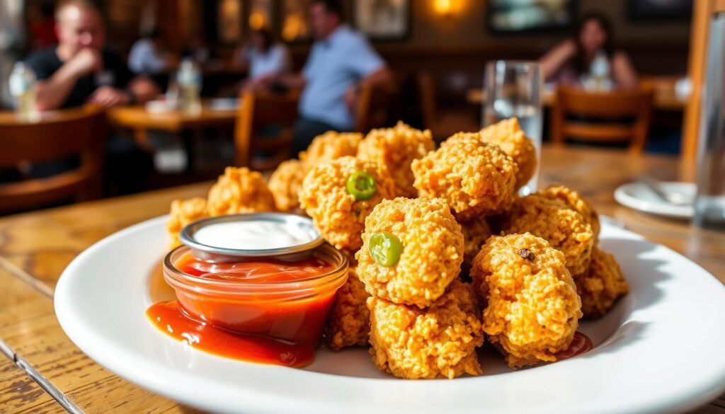 A close-up image of a plate filled with crispy Texas Roadhouse Rattlesnake Bites, artfully arranged. The bites are golden brown, with a crunchy exterior showing hints of green onions and jalapeños peeking through the batter. Accompanying the plate are small bowls of ranch dressing and zesty marinara sauce, vibrant in color. In the foreground, a rustic wooden table adds warmth, enhancing the casual dining atmosphere. Soft, natural lighting illuminates the dish from a side angle, casting gentle shadows. In the background, blurred hints of a cozy restaurant ambiance with people enjoying their meals add context without distraction. The overall mood is inviting and savory, appealing to those craving flavorful appetizers.