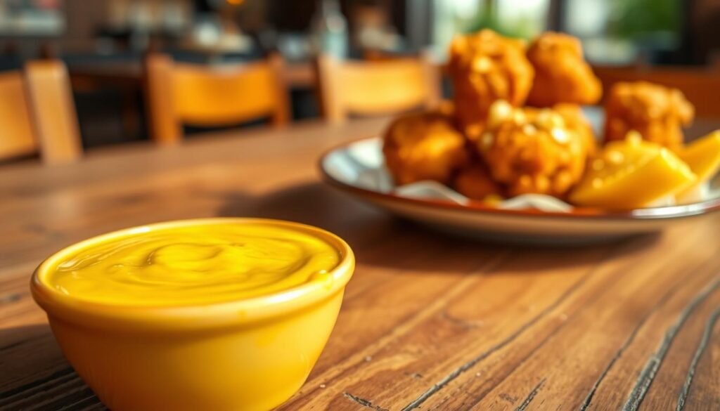 A close-up image of a small bowl filled with rich, creamy honey mustard sauce resting on a rustic wooden table. The foreground showcases the sauce with a smooth texture and a glossy sheen, glistening under warm, natural light that enhances its golden hue. In the middle, a few crispy Chicken Critters on a stylish plate are partially dipped into the honey mustard, with crumbs and a slight drizzle giving a delightful, appetizing look. In the background, a blurred depiction of a casual restaurant setting with soft focus highlights the warm atmosphere, evoking a sense of comfort and enjoyment. The overall mood is inviting and savory, celebrating a perfect pairing for a delicious meal.