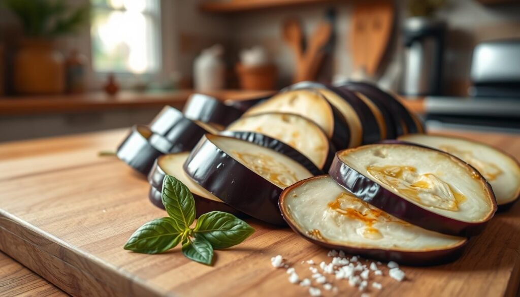 A close-up image of fresh eggplant slices arranged artistically on a smooth wooden cutting board. The slices are glistening with a hint of olive oil, showcasing their rich purple skin and creamy white flesh. In the foreground, a few basil leaves and a sprinkle of coarse sea salt add a touch of vibrant green and white textures. The background features a softly blurred kitchen setting with warm, natural light streaming in from a nearby window, creating a cozy and inviting atmosphere. The angle is slightly overhead, emphasizing the freshness and preparation of the eggplant, conveying a sense of care and culinary artistry. The overall mood is warm, inviting, and deliciously appetizing without any distractions or text.