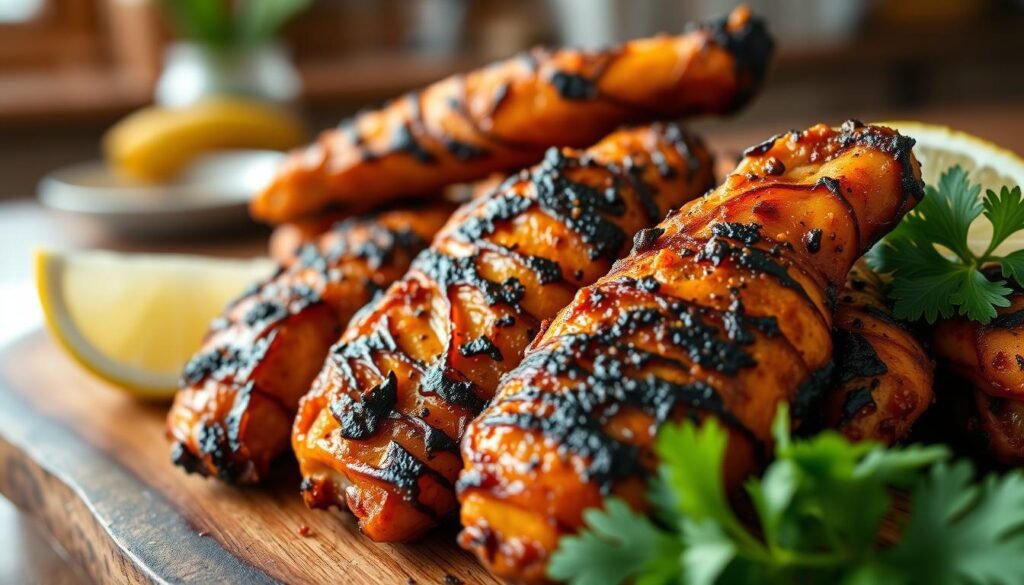 A close-up image of perfectly blackened chicken tenders, showcasing their charred, crispy exterior with hints of seasoning visible in the crevices. The tenders should be arranged on a rustic wooden platter, garnished with fresh parsley and a wedge of lemon for a vibrant pop of color. In the background, a blurred kitchen counter with soft natural lighting creates a warm and inviting atmosphere. Focus on the shiny, caramelized surface of the chicken, emphasizing textures and contrasts. Capture the scene with a shallow depth of field to highlight the tenders while the background remains softly out of focus, evoking a delicious and appetizing mood.