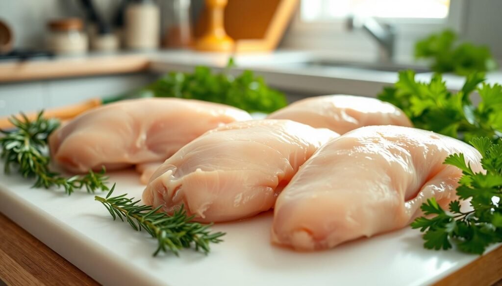 A close-up image of skinless chicken breasts displayed on a clean, white cutting board. The chicken breasts are plump and glistening, showcasing their fresh, raw texture with fine details of the muscle fibers. Surrounding the chicken are a variety of fresh herbs like rosemary, thyme, and parsley, accentuating the preparation for herb crusting. Soft natural lighting bathes the scene, enhancing the chicken's color and giving a slight sheen to the herbs. In the background, a blurred kitchen countertop with kitchen utensils and spices suggests an inviting cooking atmosphere. The focus is sharp on the chicken breasts, while the rest of the background remains softly out of focus, creating a warm and appetizing ambiance conducive to culinary preparation.