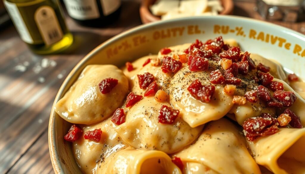 A close-up of a bowl of leftover ravioli carbonara, with rich, creamy sauce glistening over tender, stuffed pasta. The ravioli are generously topped with crispy pancetta bits and freshly cracked black pepper, creating a mouthwatering appeal. In the background, a rustic kitchen countertop is visible, with an olive oil bottle and a sprinkling of parmesan cheese. Soft, natural light illuminates the scene, casting gentle shadows that enhance the textures of the dish. The angle is slightly overhead, emphasizing the inviting presentation of the ravioli. The atmosphere is warm and cozy, evoking a sense of home-cooked comfort food, perfect for an article about proper storage and reheating techniques.