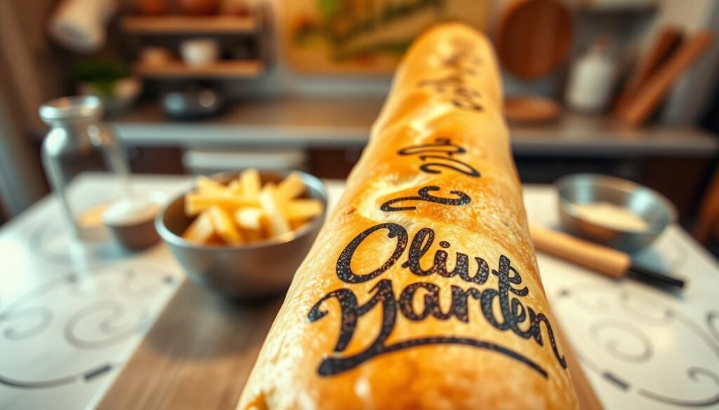 A close-up of a breadstick showcasing an intricate ink transfer design. In the foreground, highlight the breadstick with a slightly glossy finish, indicating a fresh, warm texture. The ink transfer should appear vivid and detailed, resembling artistic letters or patterns imprinted on the surface, with a contrast between the golden-brown bread and the dark ink. In the middle, include a clean, modern workspace with subtle kitchen tools and ingredients, slightly blurred to draw focus to the breadstick. The background should feature soft, warm lighting to create a cozy atmosphere, with hints of an Olive Garden-like environment, such as a rustic wooden table or Italian decor. The angle should be a slight overhead view, capturing both the breadstick and its artistic details prominently.