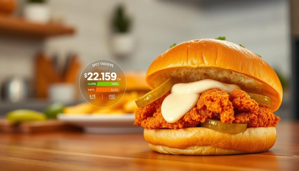 A close-up of a delicious Popeyes Spicy Chicken Sandwich, prominently displayed in the foreground, showcasing its crispy chicken fillet, vibrant pickles, and a dollop of creamy mayonnaise nestled between two toasted brioche buns. The sandwich should be garnished with fresh herbs to enhance its appeal. In the middle, include a plate with nutritional information depicted as an elegant graphic, featuring colorful icons representing calories, proteins, fats, and carbs, visually breaking down its nutritional value. The background should be a softly blurred kitchen setting, with warm lighting creating a cozy atmosphere. Use a shallow depth of field to emphasize the sandwich and the nutritional graphics, capturing the essence of indulgence balanced with health awareness.