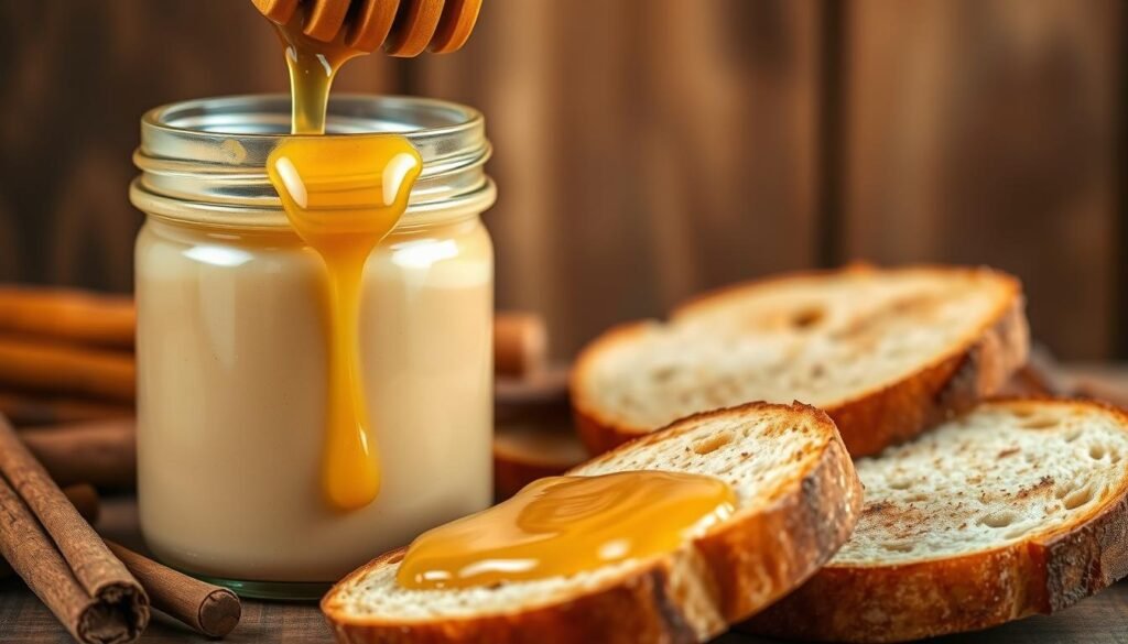 A close-up of a jar of creamy cinnamon honey spread, nestled among a rustic wooden backdrop. The foreground features the jar with a golden, glossy lid slightly ajar, showcasing the smooth, velvety texture of the spread. Drizzling honey cascades from a wooden spoon into the jar, creating a tempting allure. In the middle ground, a couple of slices of freshly baked, warm bread lie invitingly, with one slice partially covered in the luscious cinnamon honey spread. The background is softly blurred, suggesting a cozy kitchen environment with warm, ambient light streaming in, enhancing the natural golden hues of the honey. The atmosphere conveys warmth and comfort, evoking a sense of indulgence and satisfaction. No text or overlays are present.