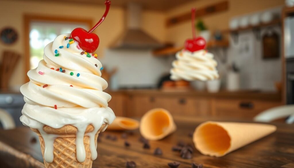 A close-up of a perfectly swirled vanilla ice cream cone, dripping slightly down the sides. The creamy texture should be visible, showcasing flecks of vanilla bean. The foreground focuses on the cone, adorned with colorful sprinkles and a shiny cherry on top. In the middle ground, a rustic wooden table holds a few scattered chocolate chips and an empty waffle cone, hinting at a customizable dessert experience. The background features a softly blurred, warm-toned kitchen interior, with gentle natural light filtering through a window, creating a welcoming atmosphere. Capture the essence of indulgence and playfulness, evoking feelings of comfort and joy associated with delightful desserts. The overall composition should be inviting and appetizing, without any text or distractions. A close-up of a perfectly swirled vanilla ice cream cone, dripping slightly down the sides. The creamy texture should be visible, showcasing flecks of vanilla bean. The foreground focuses on the cone, adorned with colorful sprinkles and a shiny cherry on top. In the middle ground, a rustic wooden table holds a few scattered chocolate chips and an empty waffle cone, hinting at a customizable dessert experience. The background features a softly blurred, warm-toned kitchen interior, with gentle natural light filtering through a window, creating a welcoming atmosphere. Capture the essence of indulgence and playfulness, evoking feelings of comfort and joy associated with delightful desserts. The overall composition should be inviting and appetizing, without any text or distractions.