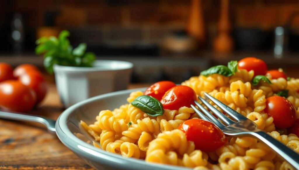 A close-up of a serving of gluten-free rotini pasta, elegantly spiraled and tossed with vibrant, fresh ingredients. The foreground features a glistening bowl filled with the rotini, adorned with bright cherry tomatoes, fresh basil, and a drizzle of olive oil. In the middle ground, a rustic wooden table enhances the inviting feel of the dish, complemented by a delicate fork poised nearby. The background softly blurs into warm, ambient kitchen lighting, creating a cozy atmosphere that evokes a sense of home-cooked comfort. The scene captures the essence of enjoyable, gluten-free dining, with a realistic texture of the pasta and garnishes that invites the viewer to savor the moment.