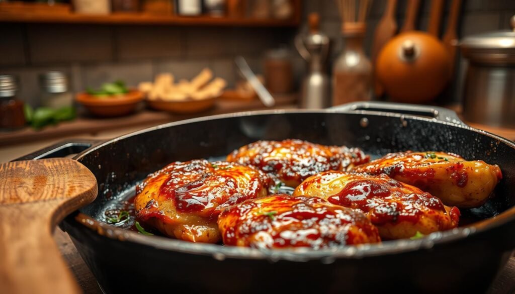 A close-up of a sizzling cast iron skillet searing beautifully browned chicken, glistening with a savory glaze. The skillet, well-loved and seasoned, showcases its rugged surface, with juices bubbling around the edges. In the foreground, a wooden spatula rests against the skillet, while aromatic herbs scatter nearby, hinting at the dish's rich flavor. The middle section captures warm, inviting kitchen surroundings with soft, golden lighting illuminating the scene, creating a cozy atmosphere. A blurred background reveals rustic kitchen elements, like shelves filled with spices and wooden utensils, enhancing the home-cooked vibe. The angle focuses on the skillet, showcasing the texture of the food and the dynamic action of cooking, evoking a sense of warmth and culinary expertise. A close-up of a sizzling cast iron skillet searing beautifully browned chicken, glistening with a savory glaze. The skillet, well-loved and seasoned, showcases its rugged surface, with juices bubbling around the edges. In the foreground, a wooden spatula rests against the skillet, while aromatic herbs scatter nearby, hinting at the dish's rich flavor. The middle section captures warm, inviting kitchen surroundings with soft, golden lighting illuminating the scene, creating a cozy atmosphere. A blurred background reveals rustic kitchen elements, like shelves filled with spices and wooden utensils, enhancing the home-cooked vibe. The angle focuses on the skillet, showcasing the texture of the food and the dynamic action of cooking, evoking a sense of warmth and culinary expertise.