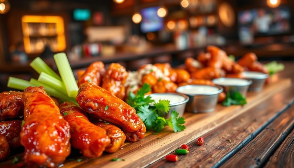 A close-up of a vibrant platter of boneless wings in a rich array of sauces, such as tangy barbecue, spicy buffalo, and zesty garlic parmesan, showcasing their glossy textures. In the foreground, fresh celery sticks and creamy ranch dip lie enticingly alongside the wings. The middle ground features a rustic wooden table adorned with scattered chili flakes and parsley for garnish, emphasizing the appetizing colors. In the background, soft, ambient lighting creates a cozy bar atmosphere, hinting at a lively restaurant setting without revealing any specific brand. Lens focus captures the wings sharply, with a slightly blurred background that enhances the warmth and inviting mood, suitable for a happy hour vibe. A close-up of a vibrant platter of boneless wings in a rich array of sauces, such as tangy barbecue, spicy buffalo, and zesty garlic parmesan, showcasing their glossy textures. In the foreground, fresh celery sticks and creamy ranch dip lie enticingly alongside the wings. The middle ground features a rustic wooden table adorned with scattered chili flakes and parsley for garnish, emphasizing the appetizing colors. In the background, soft, ambient lighting creates a cozy bar atmosphere, hinting at a lively restaurant setting without revealing any specific brand. Lens focus captures the wings sharply, with a slightly blurred background that enhances the warmth and inviting mood, suitable for a happy hour vibe.