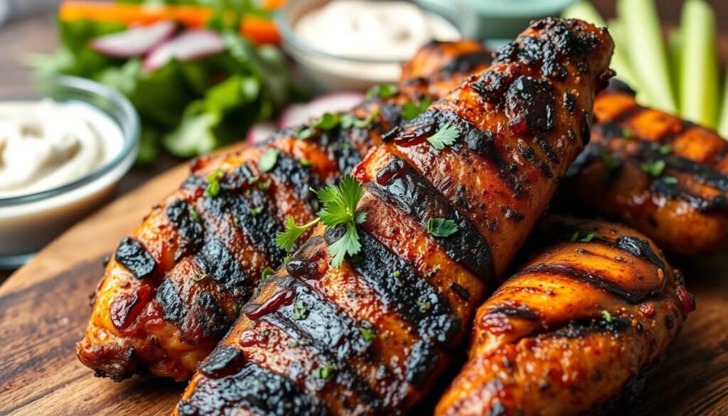 A close-up of blackened chicken tenders glistening with a rich, charred glaze, served on a rustic wooden platter. The tenders, juicy and crispy, are garnished with fresh herbs, adding a pop of vibrant green against the dark, smoky surface. Visible grill marks and spices on the chicken accentuate its tempting texture. Soft, natural lighting enhances the scene, casting gentle shadows that highlight the contours of the food. In the background, a blurred out collection of low-carb side dishes like leafy greens and creamy dips creates a complementary setting, emphasizing healthy dining choices. The overall atmosphere is inviting, focusing on the deliciousness and appeal of low-carb eating.