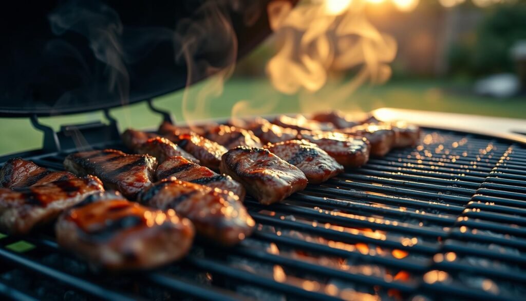 A close-up of sizzling sirloin tips being grilled on a charcoal barbecue, smoke rising gracefully into the air. The foreground features perfectly browned pieces of beef, glistening with marinade, just as they start to caramelize. In the middle, the grill's metal grates showcase the cooking process, with grill marks creating an appetizing pattern. The background includes hints of a rustic backyard setting, with lush green grass and blurred trees that evoke a warm, inviting atmosphere. Soft, golden evening sunlight casts a warm glow, enhancing the richness of the beef and creating dynamic shadows. The mood is cozy and communal, perfect for a delightful outdoor cooking experience. A close-up of sizzling sirloin tips being grilled on a charcoal barbecue, smoke rising gracefully into the air. The foreground features perfectly browned pieces of beef, glistening with marinade, just as they start to caramelize. In the middle, the grill's metal grates showcase the cooking process, with grill marks creating an appetizing pattern. The background includes hints of a rustic backyard setting, with lush green grass and blurred trees that evoke a warm, inviting atmosphere. Soft, golden evening sunlight casts a warm glow, enhancing the richness of the beef and creating dynamic shadows. The mood is cozy and communal, perfect for a delightful outdoor cooking experience.