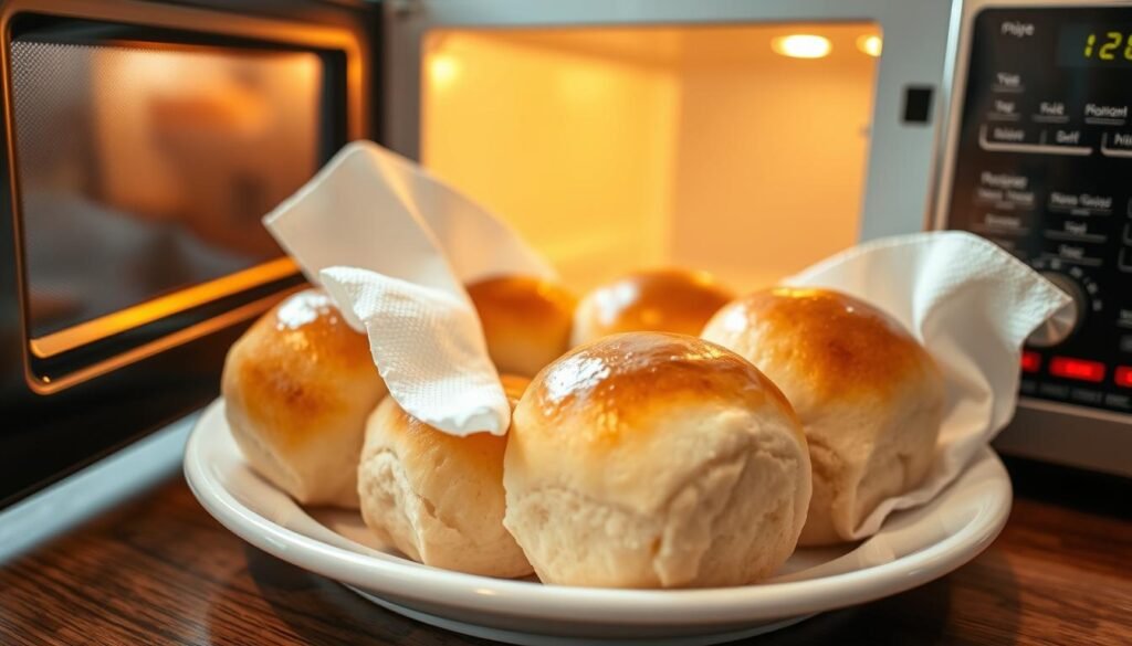 A close-up scene of Texas Roadhouse rolls, perfectly arranged on a white plate, with two damp paper towels gently covering them, ready to be heated in a microwave. The rolls should look soft and fluffy, with a golden-brown crust that glistens with a hint of buttery sheen. In the background, a modern kitchen microwave is softly illuminated, displaying a warm, inviting atmosphere. Warm, natural lighting filters in through a nearby window, creating a cozy, homely feel. The image should be shot from a high angle, showcasing the details of the rolls and the preparation method, evoking a sense of quick comfort food preparation. The focus should be sharp on the rolls and the plate, with a pleasant bokeh effect in the background to highlight the cooking setting.
