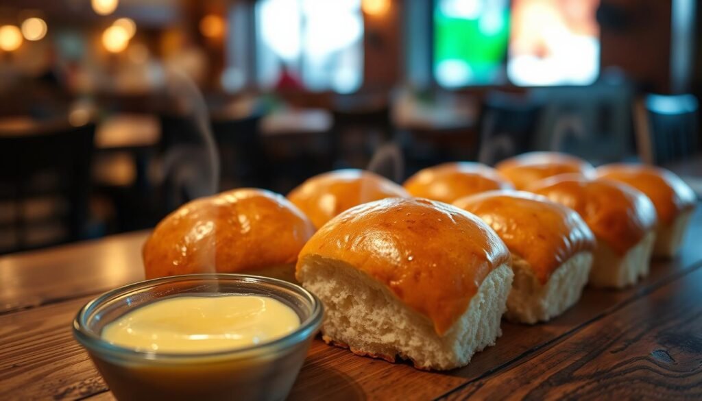 A close-up shot of Texas Roadhouse mini rolls on a rustic wooden table. The rolls are warm and golden brown with a glossy sheen from melted butter glistening on top, showcasing their soft, fluffy texture. In the foreground, a small bowl of cinnamon honey butter is placed alongside the rolls, invitingly spread across a slice of roll. In the middle ground, slight steam rises from the rolls to suggest warmth and freshness. In the background, blurred hints of a cozy restaurant atmosphere can be seen with soft, ambient lighting, enhancing the inviting and homely mood. The angle is slightly overhead, capturing the rich details of the rolls while creating a welcoming, appetizing aura.