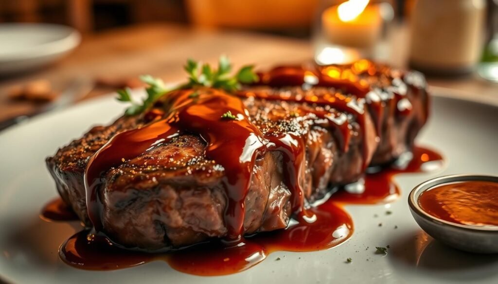 A close-up shot of a beautifully plated steak drizzled with rich, glossy Texas Roadhouse steak sauce, showcasing its thick texture and deep, inviting color. The steak is perfectly seared, with visible grill marks, and garnished with fresh herbs for a splash of color. In the background, a softly blurred rustic wooden table setting hints at a cozy dining atmosphere, illuminated by warm, golden lighting that enhances the inviting, bold flavors. A few scattered spices and a small dish of the steak sauce create an enticing scene, evoking a sense of savory satisfaction. The angle captures the steak at a slight tilt, accentuating its juiciness, inviting the viewer to savor the experience of flavor.
