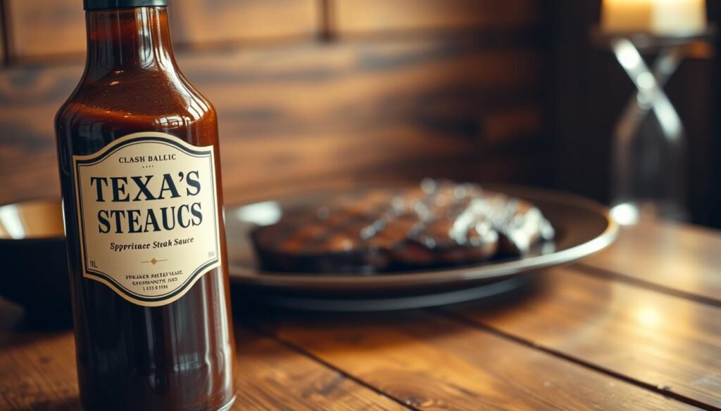A close-up shot of a bottle of classic steak sauce placed prominently in the foreground, with rich, dark brown hues showing the sauce's thick texture. The background features a rustic wooden table setting, evoking a warm, inviting atmosphere typical of a Texas steakhouse. Soft, warm lighting creates a glossy sheen on the bottle, highlighting its label, which is elegantly designed but without any text. In the middle ground, a perfectly grilled steak sits on a plate, partially obscured to draw attention to the sauce. The image should convey a mouth-watering, savory mood, suggesting a delicious pairing, captured with a shallow depth of field to blur the background slightly, emphasizing the focus on the steak sauce and its potential flavor experience.