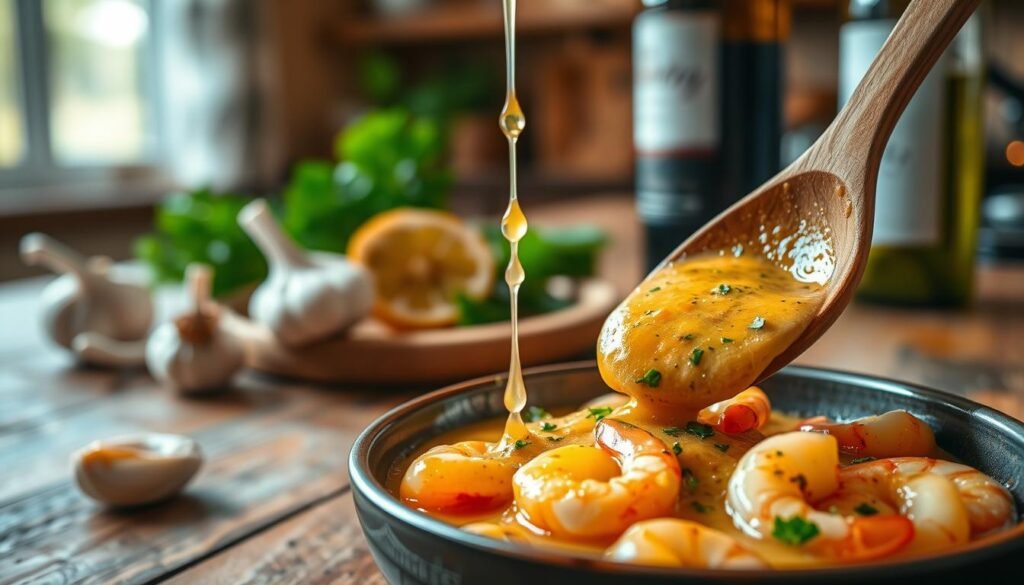 A close-up shot of a delicious garlic wine scampi sauce, featuring a rich golden hue with flecks of freshly chopped parsley and visible chunks of sautéed garlic. The sauce is elegantly drizzled over a bed of perfectly cooked shrimp, glistening in the light. In the foreground, a wooden spoon rests next to a bowl of the sauce, displaying its creamy texture. The middle ground showcases a rustic wooden table, tastefully garnished with whole garlic cloves and a half-open wine bottle, hinting at the ingredients within. The background is softly blurred, featuring a warm kitchen ambiance with warm lighting illuminating the scene, creating an inviting atmosphere that evokes a sense of culinary mastery. The focus is significantly sharp on the sauce, creating a mouth-watering and appetizing effect.