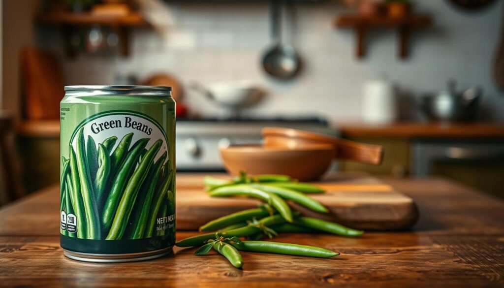 A close-up shot of a gleaming can of green beans, prominently displayed in the foreground, showcasing the label with vibrant green hues and appetizing imagery of fresh green beans. The can is slightly opened at the top, revealing the beautifully preserved green beans inside, glistening with moisture. In the middle, a rustic wooden table is visible, scattered with a few fresh green beans and a sprig of herb for added color. The background features a softly blurred kitchen environment with warm lighting, hinting at a cozy cooking atmosphere. The overall mood is inviting and homely, evoking nostalgia for hearty home-cooked meals. Use a shallow depth of field to emphasize the can while maintaining a warm, golden hour lighting effect, enhancing the freshly prepared look.