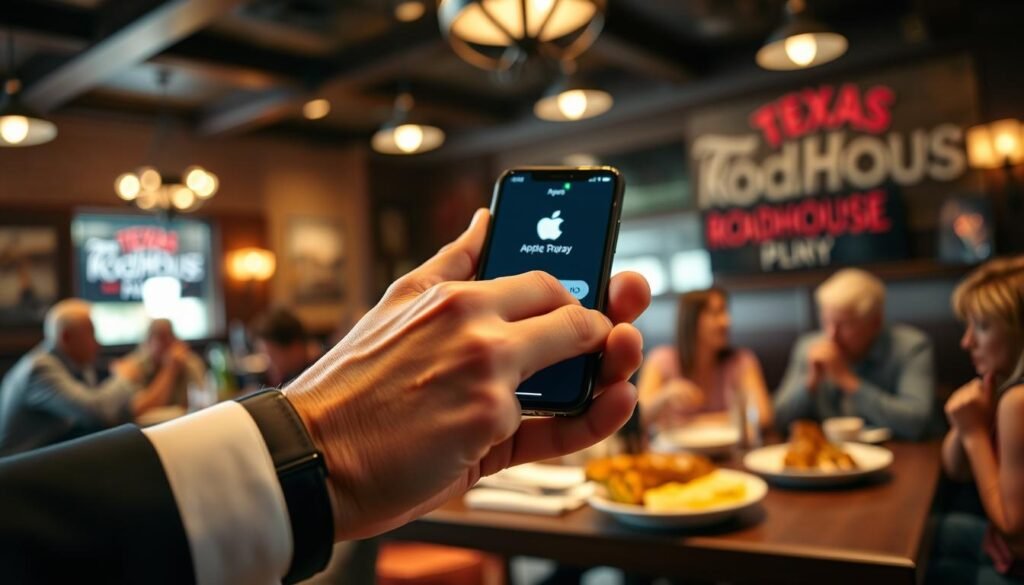 A close-up shot of a hand holding a smartphone displaying the Apple Pay interface, with the focus on the payment process. In the foreground, the hand is outfitted in a smart casual outfit, showcasing professionalism. The background features a restaurant scene, subtly blurred, with people enjoying their meals at Texas Roadhouse—tables with hearty dishes and rustic decor. Soft, warm lighting creates an inviting atmosphere. The camera angle is slightly elevated, emphasizing the action of using the contactless payment, while giving a glimpse of the lively restaurant environment. The overall mood should convey convenience and modernity in dining experiences without any distractions or disruptive elements. A close-up shot of a hand holding a smartphone displaying the Apple Pay interface, with the focus on the payment process. In the foreground, the hand is outfitted in a smart casual outfit, showcasing professionalism. The background features a restaurant scene, subtly blurred, with people enjoying their meals at Texas Roadhouse—tables with hearty dishes and rustic decor. Soft, warm lighting creates an inviting atmosphere. The camera angle is slightly elevated, emphasizing the action of using the contactless payment, while giving a glimpse of the lively restaurant environment. The overall mood should convey convenience and modernity in dining experiences without any distractions or disruptive elements.