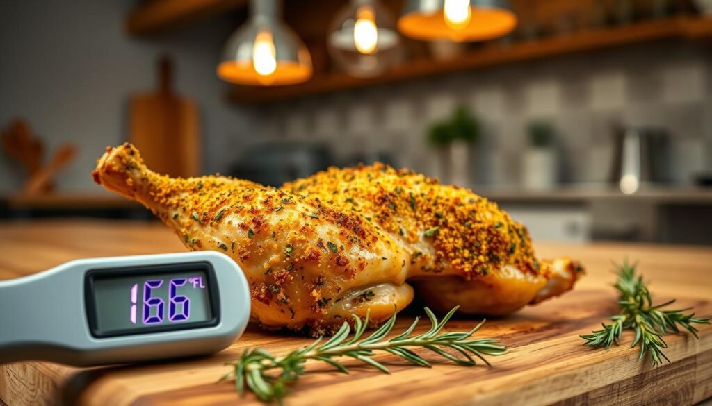 A close-up shot of a perfectly cooked herb crusted chicken, resting on a rustic wooden cutting board. The golden-brown, crispy crust glistens with herbs, giving a rustic and appetizing appearance. In the foreground, a digital meat thermometer displays an ideal internal temperature of 165°F, its screen illuminated softly. The middle ground features a sprig of fresh rosemary and thyme scattered around for added color and texture. In the background, a warm, inviting kitchen ambiance with soft, diffused lighting emanating from hanging pendant lights. The scene evokes a cozy cooking vibe, perfect for home chefs. The focus should be sharp on the chicken and thermometer, creating a delectable and informative aura.