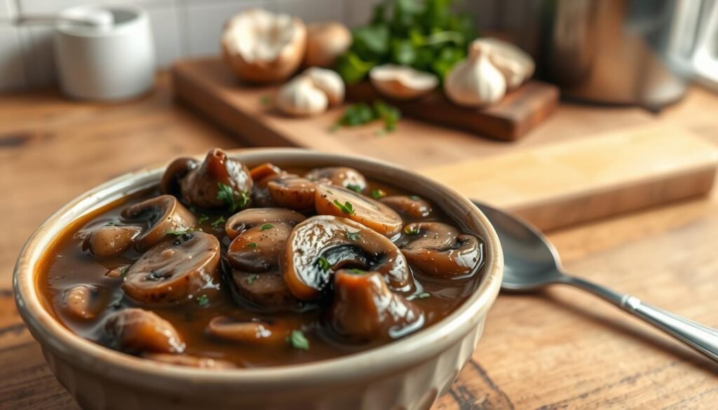 A close-up shot of a rich, savory mushroom gravy in a ceramic bowl, showcasing a glossy, thick texture filled with sliced portobello mushrooms and fresh herbs. The foreground features the bowl on a rustic wooden table, with a silver spoon elegantly resting beside it. In the middle ground, a small cutting board with chopped garlic, parsley, and a few whole mushrooms adds depth, while a softly blurred background reveals a warm kitchen setting with warm, inviting tones. The lighting is soft and natural, highlighting the glossy surface of the sauce, creating a cozy and appetizing atmosphere. The image captures the essence of homemade comfort food, evoking a sense of warmth and deliciousness.