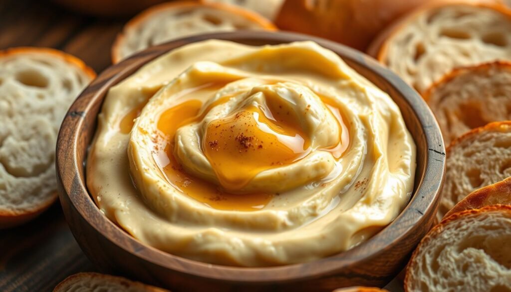 A close-up shot of a rustic wooden bowl overflowing with smooth, creamy honey cinnamon butter, showcasing a rich golden-brown hue with flecks of cinnamon. The butter is soft and spreadable, invitingly adorned with a drizzle of honey pooling on top. Surrounding the bowl, there are sliced warm bread rolls, their toasted crust complementing the velvety texture of the butter, hinting at its perfect pairing. In the background, a textured wooden table enhances the warm, cozy atmosphere, with soft, diffused natural light creating gentle shadows to accentuate the butter's glossy surface. The overall mood evokes a sense of homey comfort and indulgence, perfect for highlighting the rich taste and delightful texture of this delicious spread. A close-up shot of a rustic wooden bowl overflowing with smooth, creamy honey cinnamon butter, showcasing a rich golden-brown hue with flecks of cinnamon. The butter is soft and spreadable, invitingly adorned with a drizzle of honey pooling on top. Surrounding the bowl, there are sliced warm bread rolls, their toasted crust complementing the velvety texture of the butter, hinting at its perfect pairing. In the background, a textured wooden table enhances the warm, cozy atmosphere, with soft, diffused natural light creating gentle shadows to accentuate the butter's glossy surface. The overall mood evokes a sense of homey comfort and indulgence, perfect for highlighting the rich taste and delightful texture of this delicious spread.