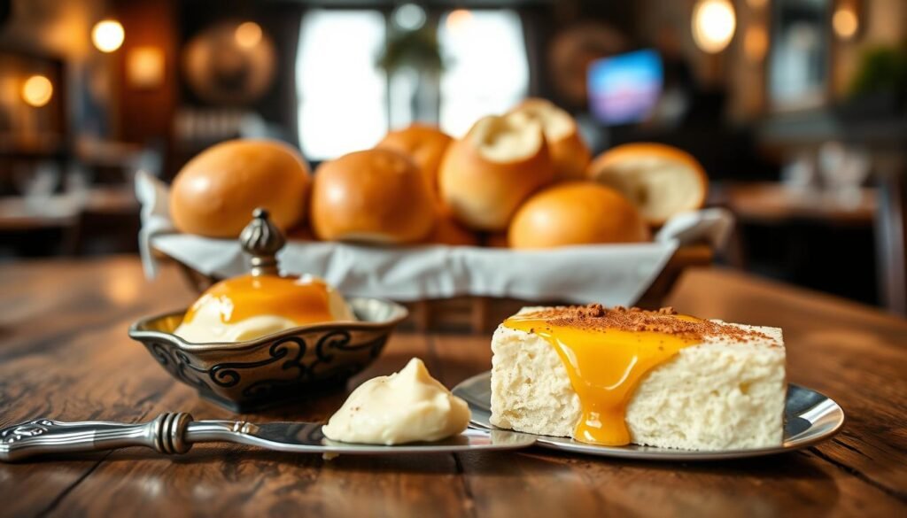 A close-up shot of a rustic wooden table displaying a beautifully presented dish of honey cinnamon butter. The butter is creamy and spreadable, with a glistening drizzle of honey on top, interspersed with a sprinkle of cinnamon. In the foreground, there’s a small, decorative butter dish with an ornate lid, alongside a butter knife poised elegantly, ready for use. In the middle ground, fluffy, golden Texas rolls are arranged artfully, some slightly torn to reveal their soft, pillowy insides. The background features a blurred setting of a charming restaurant ambiance with warm, dim lighting, enhancing the cozy and inviting atmosphere. The overall mood captures a sense of indulgence and comfort, perfect for a culinary delight. A close-up shot of a rustic wooden table displaying a beautifully presented dish of honey cinnamon butter. The butter is creamy and spreadable, with a glistening drizzle of honey on top, interspersed with a sprinkle of cinnamon. In the foreground, there’s a small, decorative butter dish with an ornate lid, alongside a butter knife poised elegantly, ready for use. In the middle ground, fluffy, golden Texas rolls are arranged artfully, some slightly torn to reveal their soft, pillowy insides. The background features a blurred setting of a charming restaurant ambiance with warm, dim lighting, enhancing the cozy and inviting atmosphere. The overall mood captures a sense of indulgence and comfort, perfect for a culinary delight.
