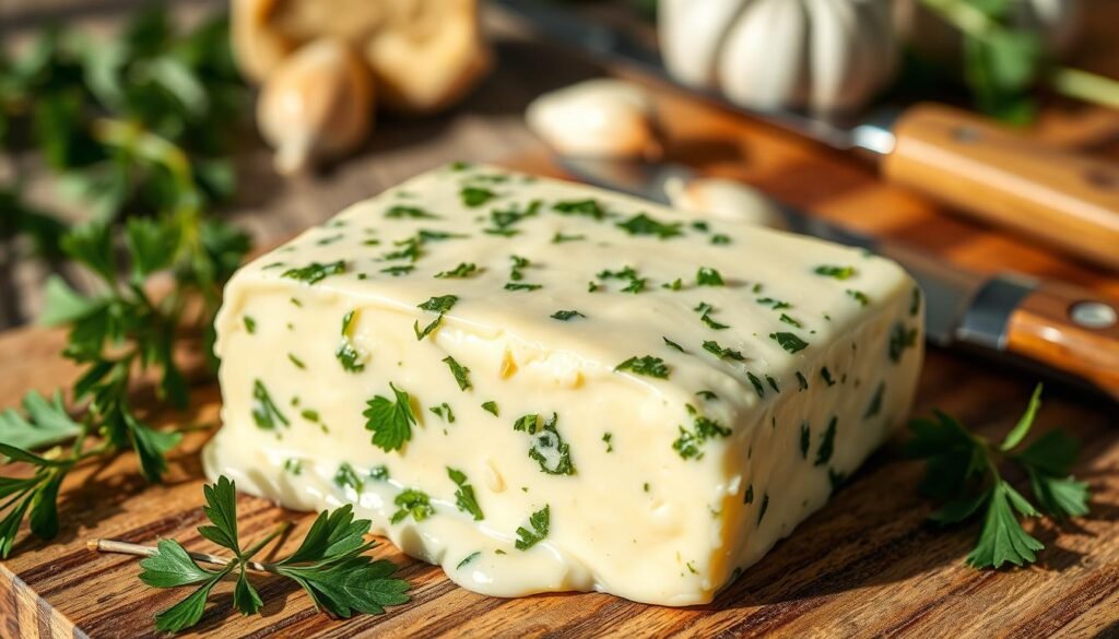 A close-up shot of a slice of creamy garlic herb butter, artistically presented on a rustic wooden cutting board. The butter is dotted with vibrant green parsley and flecks of crushed garlic, glistening with melted edges, creating a rich and inviting texture. Surround the butter with fresh herbs like rosemary and thyme to enhance the herbal essence. Soft, natural lighting bathes the scene, casting gentle shadows that accentuate the butter's smooth surface and the rustic grain of the wood. In the background, a blurred kitchen setting with a hint of a cutting board, knife, and garlic bulbs adds depth, evoking a warm and cozy cooking atmosphere suitable for preparing a delicious meal.