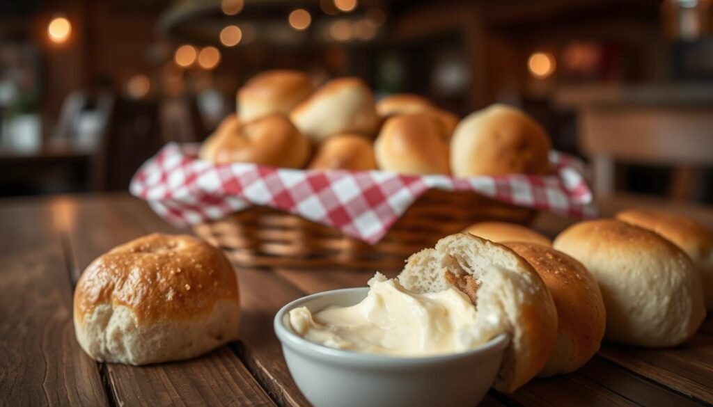 A close-up shot of freshly baked Texas Roadhouse mini rolls sitting on a rustic wooden table, with a soft golden-brown crust and a fluffy, pillowy interior visible from a halved roll. The foreground features a small bowl of rich cinnamon butter, enticingly spread to highlight its creamy texture. In the middle, slightly blurred, is a basket lined with a checkered cloth, enhancing the warm, inviting vibe. In the background, subtle hints of a cozy restaurant setting with dim, warm lighting create an inviting atmosphere, while soft focus adds to the warmth. The image should evoke feelings of comfort and satisfaction, showcasing the deliciousness of the rolls. Use a shallow depth of field for a captivating aesthetic.