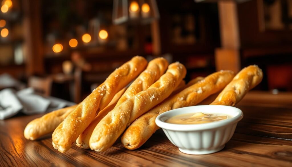 A close-up shot of freshly baked breadsticks arranged elegantly on a rustic wooden table. The breadsticks are golden brown, with a crisp texture and lightly sprinkled with sea salt. A small dish of melted garlic butter sits beside them, glistening under soft, warm light that highlights each detail. In the background, a faint blur of an Italian restaurant ambiance can be glimpsed, featuring wooden accents and dimly lit lanterns, evoking a cozy and inviting atmosphere. The composition is shot with a shallow depth of field, placing the focus squarely on the delicious breadsticks, creating a mouth-watering and warm vibe that resonates with authentic Italian dining.