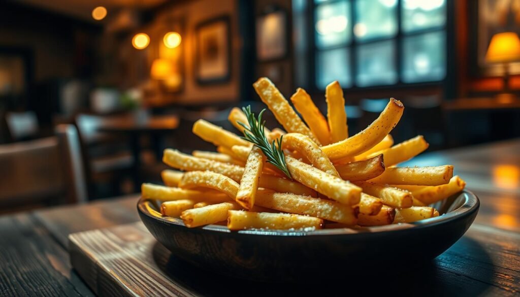 A close-up shot of perfectly cooked steak fries, featuring a golden brown, crispy exterior that glistens with a light sheen of oil. The fries are arranged artfully on a rustic wooden plate, with a sprinkle of sea salt and a few sprigs of fresh rosemary for added color. In the background, a softly blurred Texas Roadhouse setting with warm, inviting wooden furniture and dim, ambient lighting creates a cozy atmosphere. The scene is illuminated by natural light streaming in from a nearby window, casting gentle shadows that enhance the texture of the fries. A shallow depth of field emphasizes the delectable crunch of the fries, enticing the viewer to dive in. A close-up shot of perfectly cooked steak fries, featuring a golden brown, crispy exterior that glistens with a light sheen of oil. The fries are arranged artfully on a rustic wooden plate, with a sprinkle of sea salt and a few sprigs of fresh rosemary for added color. In the background, a softly blurred Texas Roadhouse setting with warm, inviting wooden furniture and dim, ambient lighting creates a cozy atmosphere. The scene is illuminated by natural light streaming in from a nearby window, casting gentle shadows that enhance the texture of the fries. A shallow depth of field emphasizes the delectable crunch of the fries, enticing the viewer to dive in.