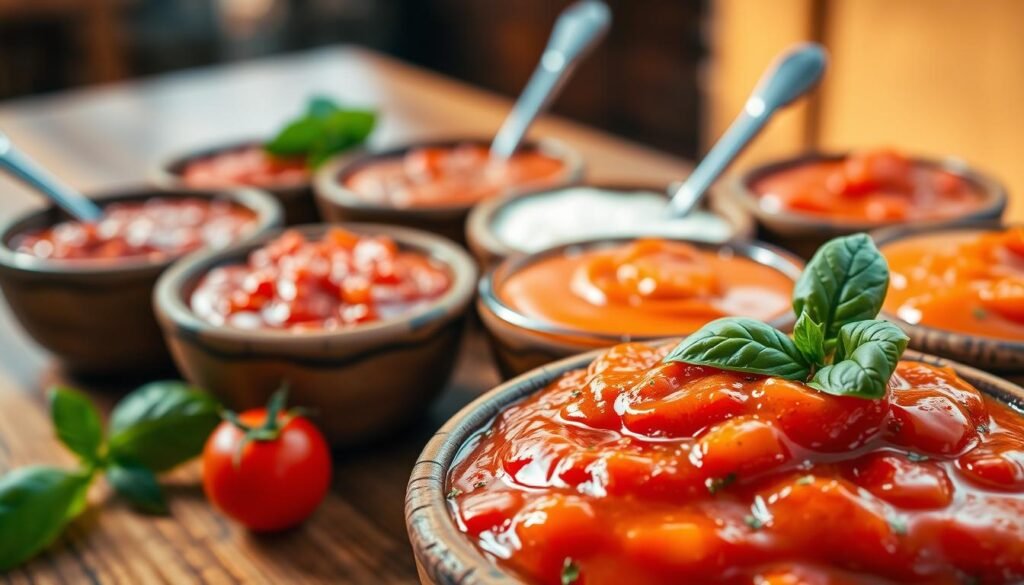 A close-up, vibrant arrangement of various marinara sauces displayed elegantly in small, rustic bowls. In the foreground, a rich, glossy marinara sauce glistens, flecked with herbs and spices, complemented by a bright cherry tomato and fresh basil leaves. The middle layer features bowls of varying shades of red and orange, each styled with distinct textures and consistency. A few dipping utensils, such as spoons and sticks, are artistically placed around the bowls. The background showcases a softly blurred wooden table, with warm, natural lighting that evokes a cozy dining atmosphere. The mood is inviting and delicious, hinting at the perfect pairing of sauces for a delightful appetizer experience.