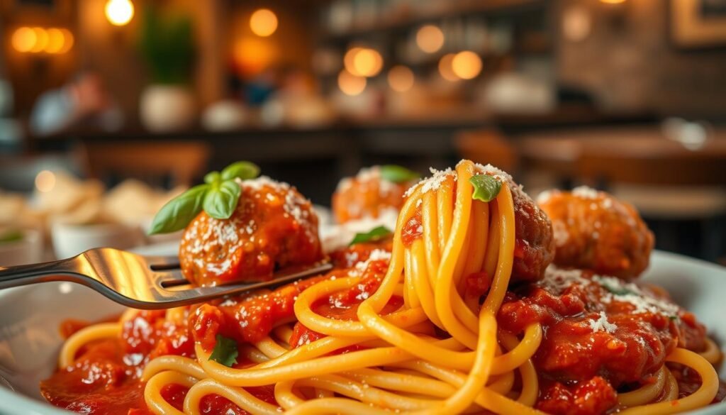 A close-up view of a bowl of spaghetti and meatballs, showcasing perfectly round, juicy meatballs glistening with a rich marinara sauce. The meatballs are placed on a bed of al dente spaghetti, entwined in vibrant red sauce garnished with fresh basil leaves and a sprinkle of grated Parmesan cheese. In the foreground, a fork twirls the spaghetti, emphasizing the dish’s inviting texture. The background features a softly blurred restaurant setting with warm, ambient lighting creating a cozy and welcoming atmosphere, reminiscent of an Italian eatery. Shot with a 50mm lens to capture intricate details, the focus on the meatballs highlights their succulent surface, evoking a mouth-watering desire for authentic Italian flavor. A close-up view of a bowl of spaghetti and meatballs, showcasing perfectly round, juicy meatballs glistening with a rich marinara sauce. The meatballs are placed on a bed of al dente spaghetti, entwined in vibrant red sauce garnished with fresh basil leaves and a sprinkle of grated Parmesan cheese. In the foreground, a fork twirls the spaghetti, emphasizing the dish’s inviting texture. The background features a softly blurred restaurant setting with warm, ambient lighting creating a cozy and welcoming atmosphere, reminiscent of an Italian eatery. Shot with a 50mm lens to capture intricate details, the focus on the meatballs highlights their succulent surface, evoking a mouth-watering desire for authentic Italian flavor.