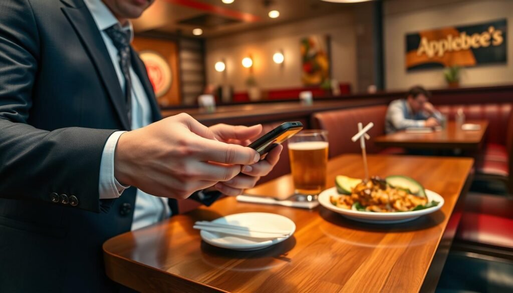 A close-up view of a business professional wearing smart casual attire, confidently using Apple Pay on their smartphone at a cozy, modern Applebee's restaurant. In the foreground, the smartphone displays the Apple Pay interface with a glowing payment confirmation. In the middle, a polished wooden table is adorned with casual dining elements like a drink and a plate of vibrant food. The background features the warm ambiance of Applebee's, with soft lighting that creates a welcoming atmosphere, subtle decorations, and glimpses of other diners enjoying their meals. The image should be well-lit, capturing a moment of seamless contactless payment, emphasizing convenience and modern dining experiences. The overall mood should feel relaxed and positive, conveying an efficient and enjoyable transaction.