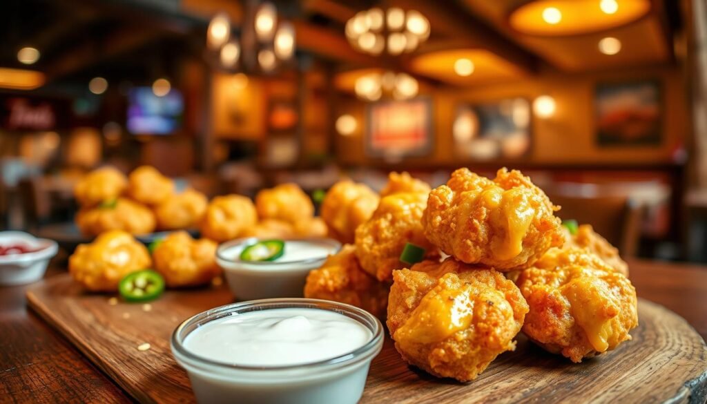 A close-up view of a cheesy, golden, and crispy Texas Roadhouse appetizer called "Rattlesnake Bites" prominently displayed in the foreground, showcasing their tempting texture and bubbling cheese. Surrounded by a rustic wooden table setting, include a small bowl of ranch dressing beside the bites, with a few scattered jalapeño slices for added color and authenticity. In the middle ground, softly blurred, capture the lively atmosphere of the Texas Roadhouse restaurant with warm lighting and wooden decor, enhancing the inviting ambiance. The image should be slightly angled from above, creating a sense of depth and focus on the deliciousness of the dish. A warm, cozy color palette evokes a friendly and indulgent mood. The image should be vibrant and mouth-watering, free from any text or watermarks.