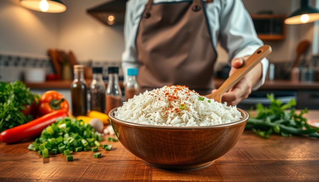 A close-up view of a chef preparing seasoned rice on a wooden kitchen countertop. In the foreground, a bowl filled with fluffy, perfectly cooked rice is surrounded by vibrant ingredients: chopped green onions, diced bell peppers, and a sprinkle of paprika. The chef, wearing a neat apron and professional attire, is stirring the rice with a wooden spoon, exuding focus and intent. In the middle ground, a variety of herbs and spices are artfully arranged, hinting at the seasoning process. The background features a softly lit kitchen atmosphere, with warm, inviting tones from the overhead pendant lights. The image conveys a sense of culinary passion and homely warmth, inviting viewers into the heart of a delicious recipe preparation. A close-up view of a chef preparing seasoned rice on a wooden kitchen countertop. In the foreground, a bowl filled with fluffy, perfectly cooked rice is surrounded by vibrant ingredients: chopped green onions, diced bell peppers, and a sprinkle of paprika. The chef, wearing a neat apron and professional attire, is stirring the rice with a wooden spoon, exuding focus and intent. In the middle ground, a variety of herbs and spices are artfully arranged, hinting at the seasoning process. The background features a softly lit kitchen atmosphere, with warm, inviting tones from the overhead pendant lights. The image conveys a sense of culinary passion and homely warmth, inviting viewers into the heart of a delicious recipe preparation.