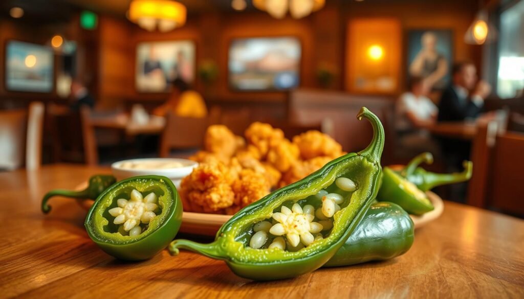 A close-up view of a delicious Popeyes jalapeño dish, artistically arranged on a wooden table. In the foreground, prominently display juicy jalapeño peppers, some sliced open to reveal their vibrant green interiors and seeds, glistening under soft, natural light. In the middle ground, include a serving of crispy fried chicken with a hint of spice, surrounded by small bowls of creamy dipping sauces, emphasizing a variety of textures and colors. The background features a cozy restaurant setting with blurred images of diners enjoying their meals, bathed in warm, inviting lighting. The atmosphere is one of warmth and culinary delight, capturing the essence of a spicy and satisfying meal. Focus on the fresh ingredients, vibrant colors, and inviting composition to highlight the nutritional appeal.