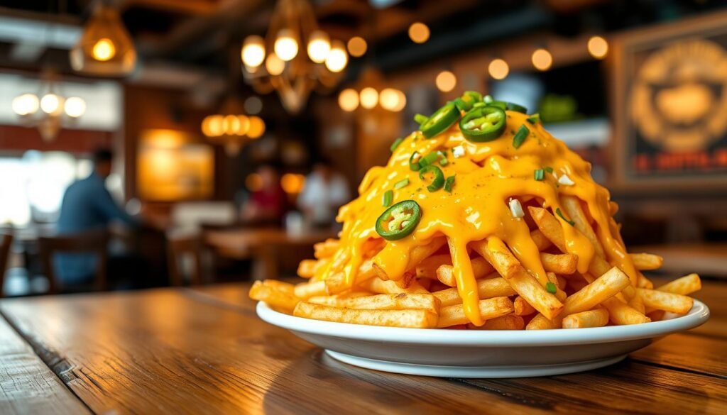 A close-up view of a delicious plate of cheese fries, heaped high with melted cheddar cheese cascading over crispy golden fries, topped with jalapeño slices and a sprinkle of green onions for color. The foreground features a rustic wooden table setting, enhancing the comfort food vibe. In the background, softly blurred silhouettes of a busy restaurant ambiance with warm, inviting lighting that creates a cozy atmosphere. Capture the cheese fries from a slightly elevated angle to highlight their texture and toppings, evoking feelings of indulgence and satisfaction. Ensure the image is vibrant and mouth-watering, perfect for enticing readers to explore this classic appetizer.